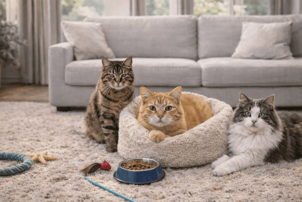 Chats gardés à domicile dans un salon calme